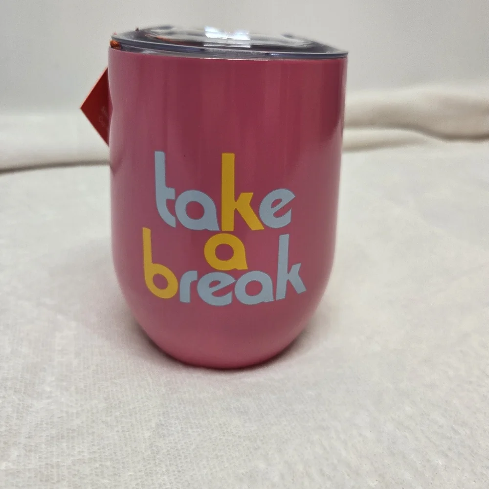 Cute Pink ban.do Stemless Wine Tumbler "Take A Break" Travel Coffee Mug NWT - Picture 2 of 7